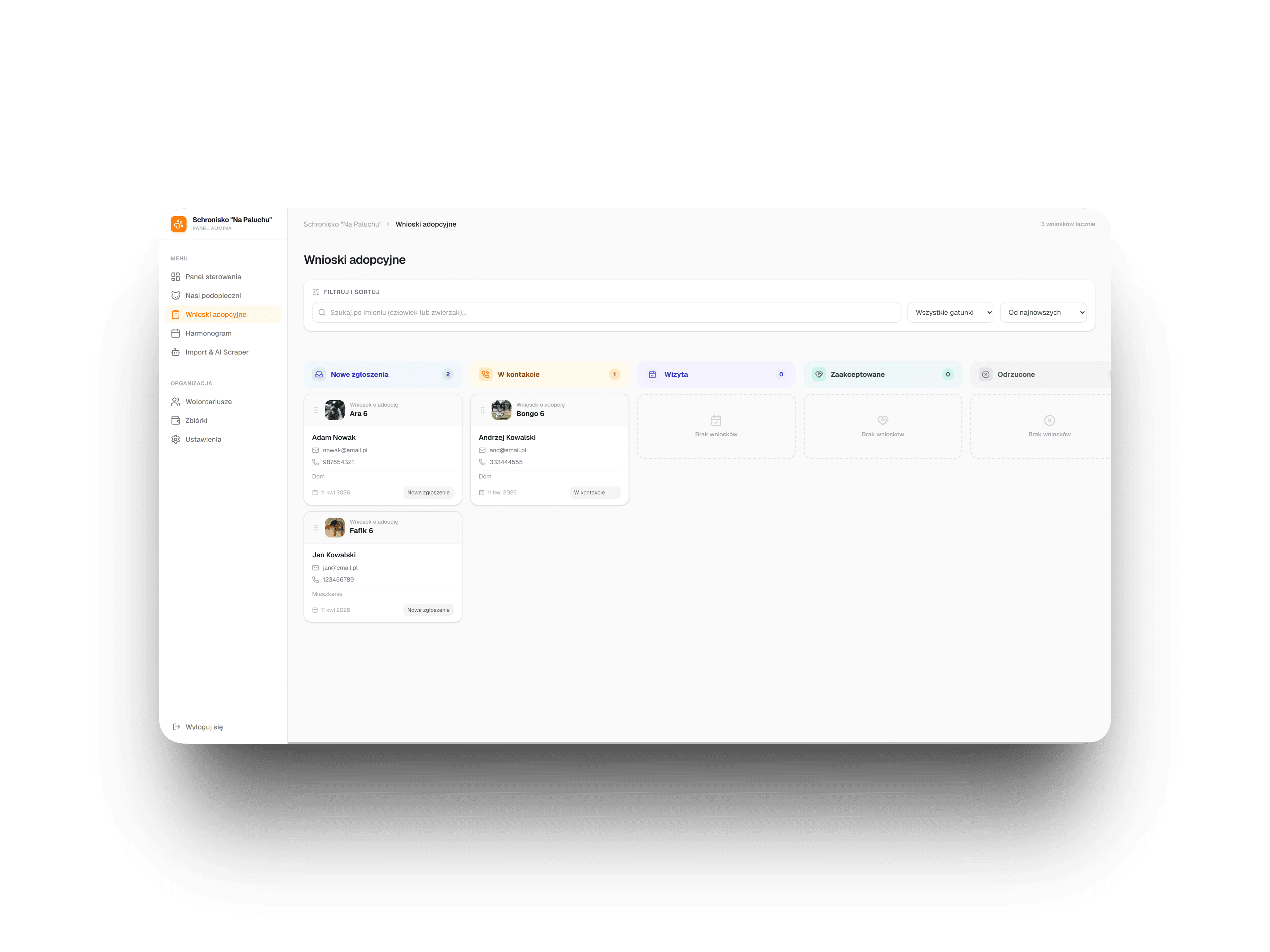 Adoptio adoption request Kanban board in the admin panel