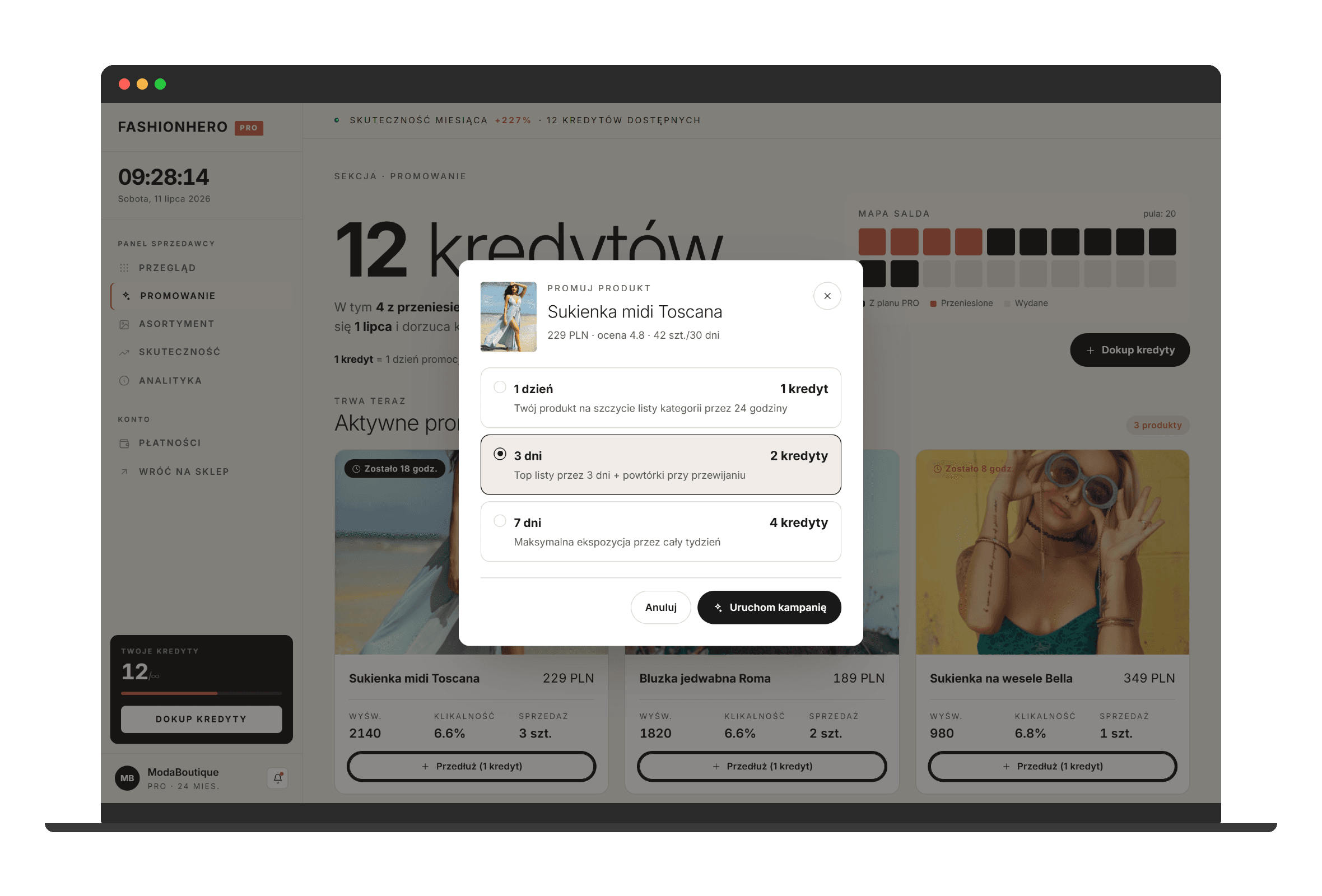 FashionHero one-click promote flow modal